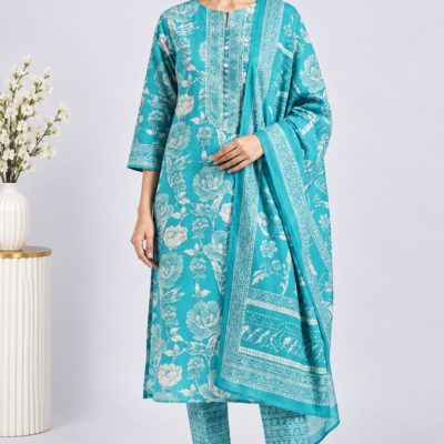 Turquoise Floral Print Cambric Dress Material