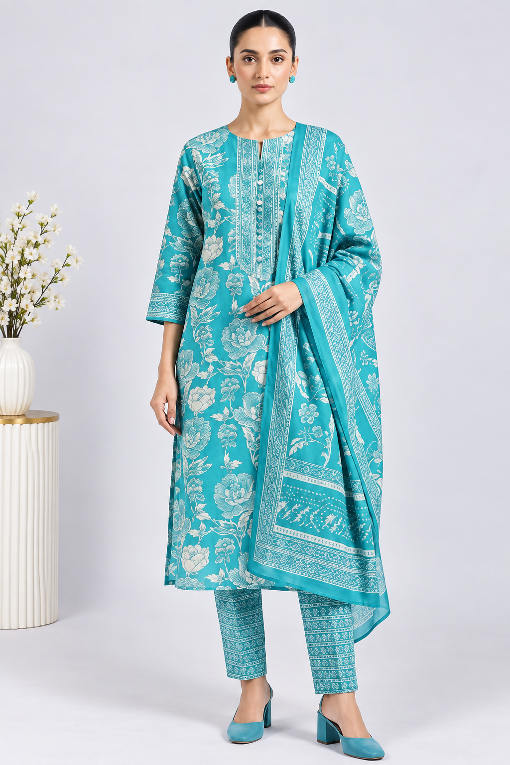 Turquoise Floral Print Cambric Dress Material