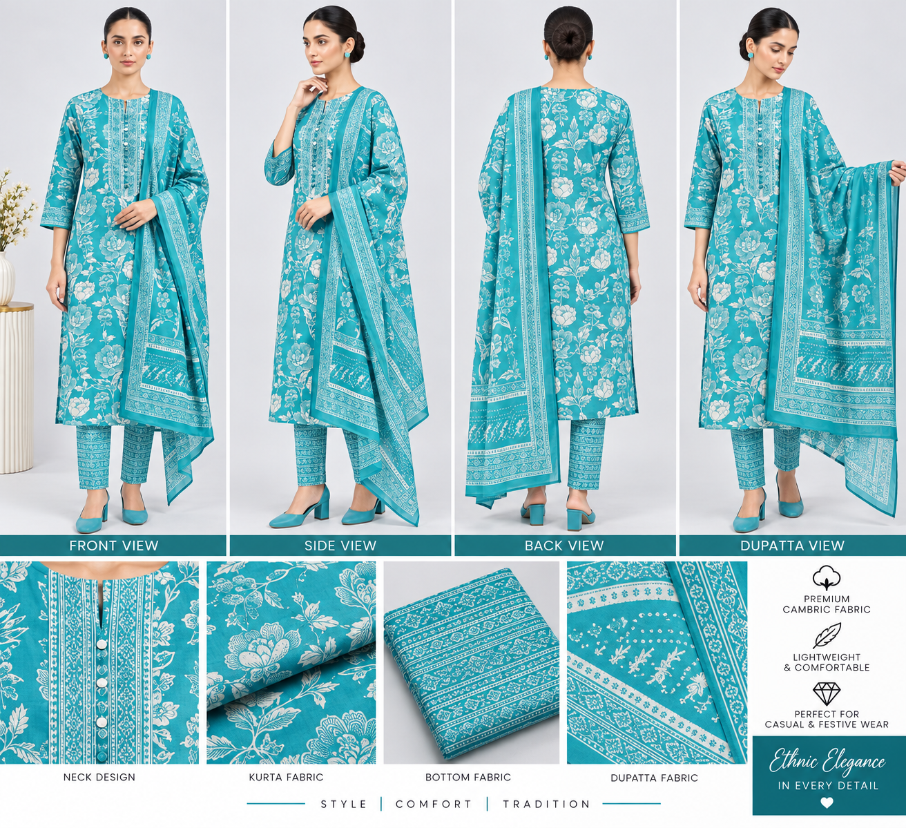 Turquoise Floral Print Cambric Dress Material - Image 2