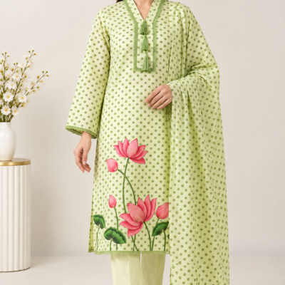 Pistachio Green Lotus Print Dress Material