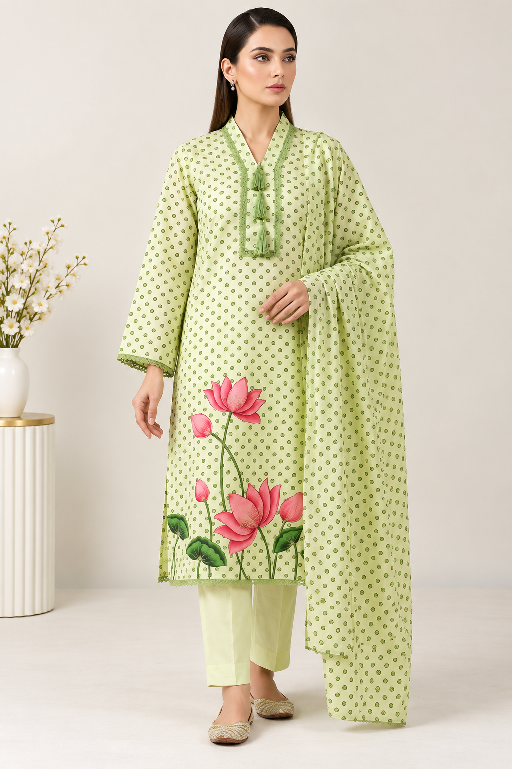 Pistachio Green Lotus Print Dress Material