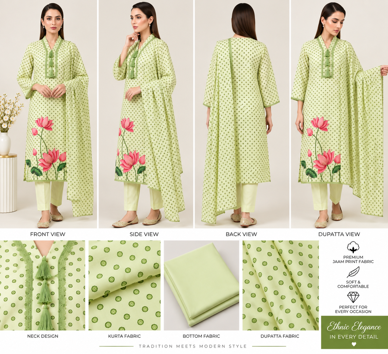 Pistachio Green Lotus Print Dress Material - Image 2