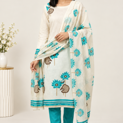 Cream & Teal Floral Jaam Print Dress Material