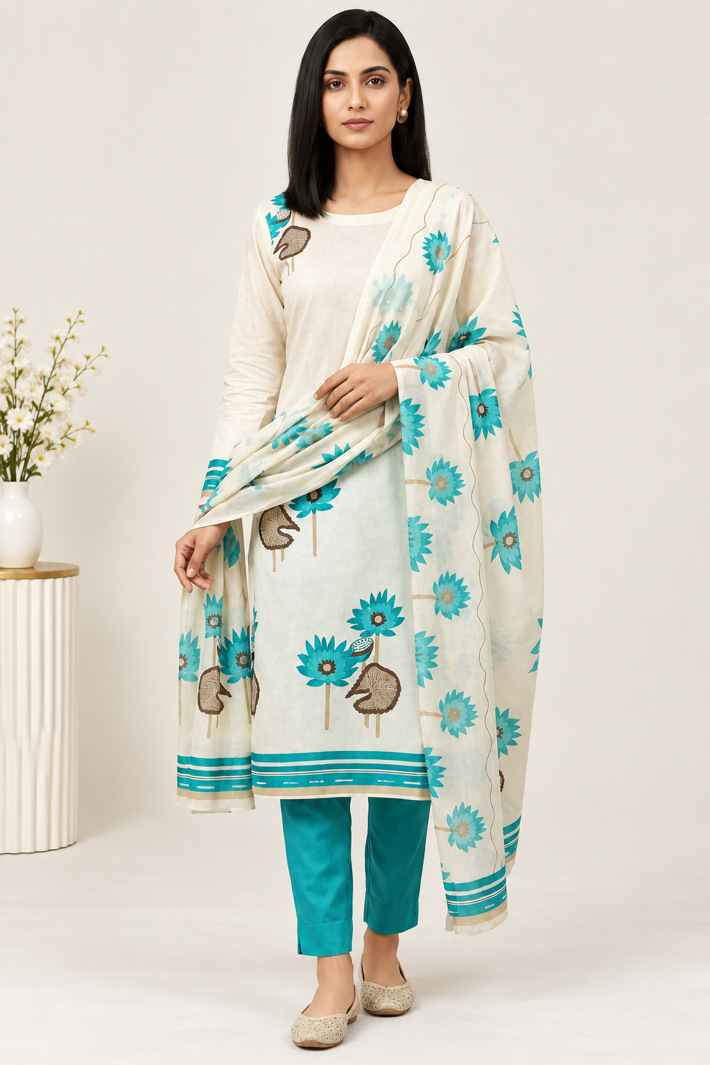 Cream & Teal Floral Jaam Print Dress Material