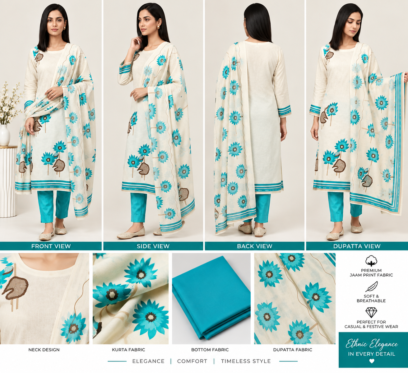Cream & Teal Floral Jaam Print Dress Material - Image 2