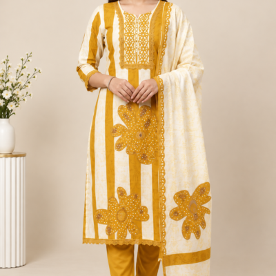 Mustard Yellow & Cream Jaam Print Dress Material