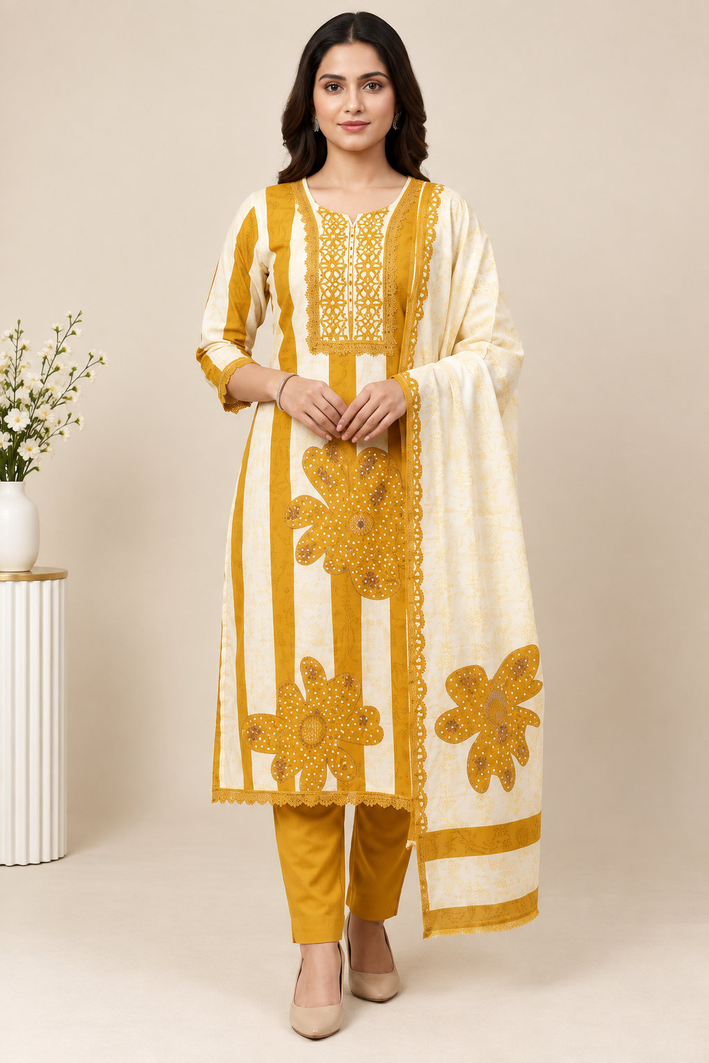 Mustard Yellow & Cream Jaam Print Dress Material