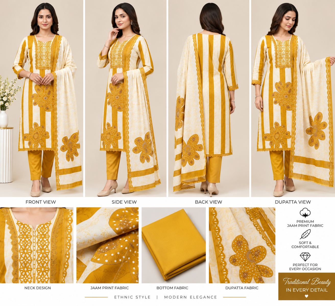 Mustard Yellow & Cream Jaam Print Dress Material - Image 2