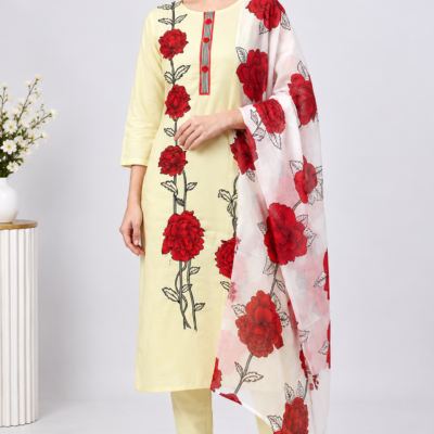 Cream & Mustard Floral Jaam Print Dress Material