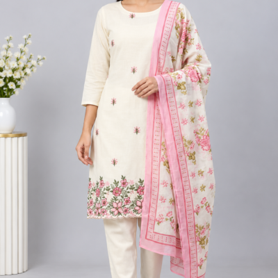 Cream & Pink Floral Reyon Dress Material