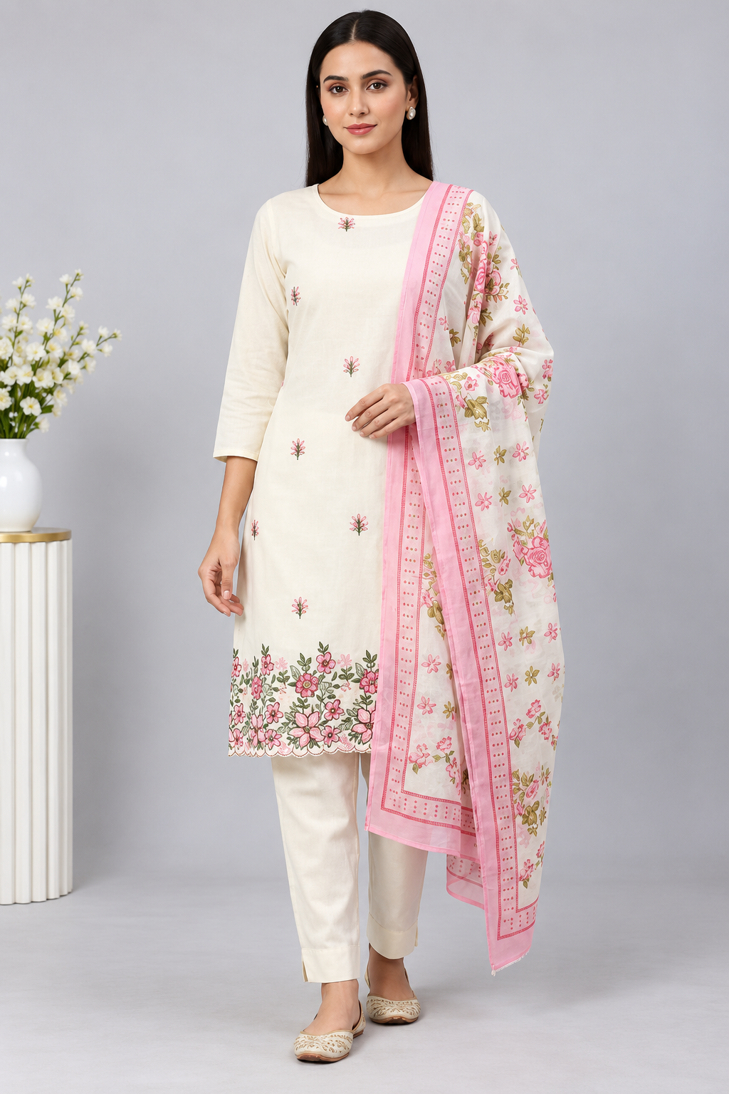 Cream & Pink Floral Reyon Dress Material