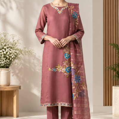 Dusty Rose Floral Embroidered 3 Piece Kurta Pant & Dupatta Set
