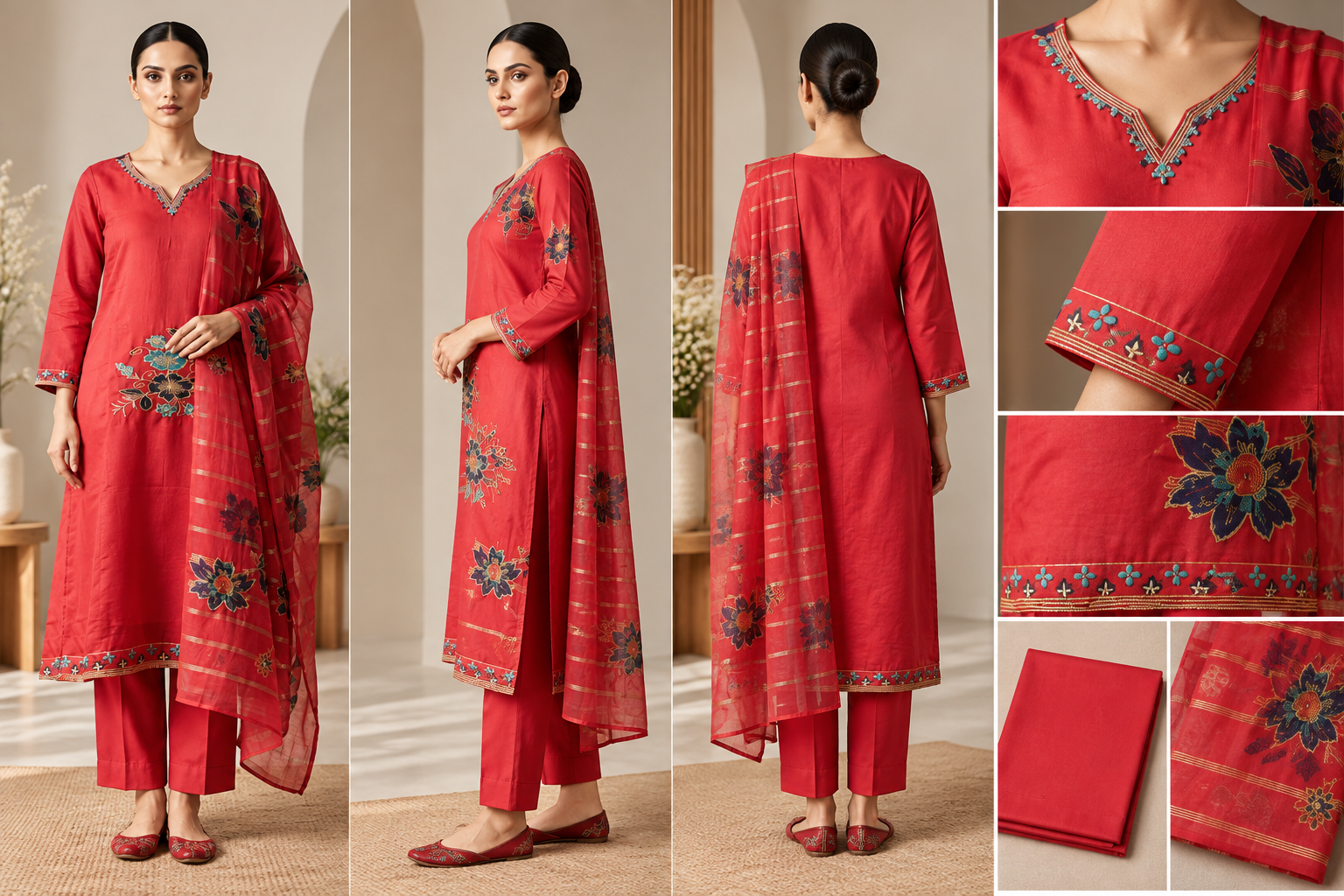Red Floral Embroidered 3 Piece Kurta Pant & Dupatta Set - Image 2