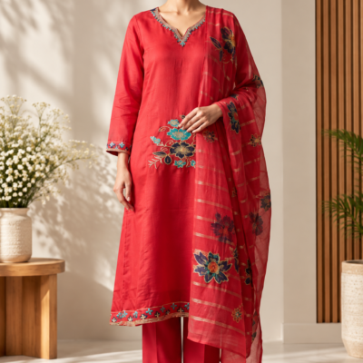 Red Floral Embroidered 3 Piece Kurta Pant & Dupatta Set