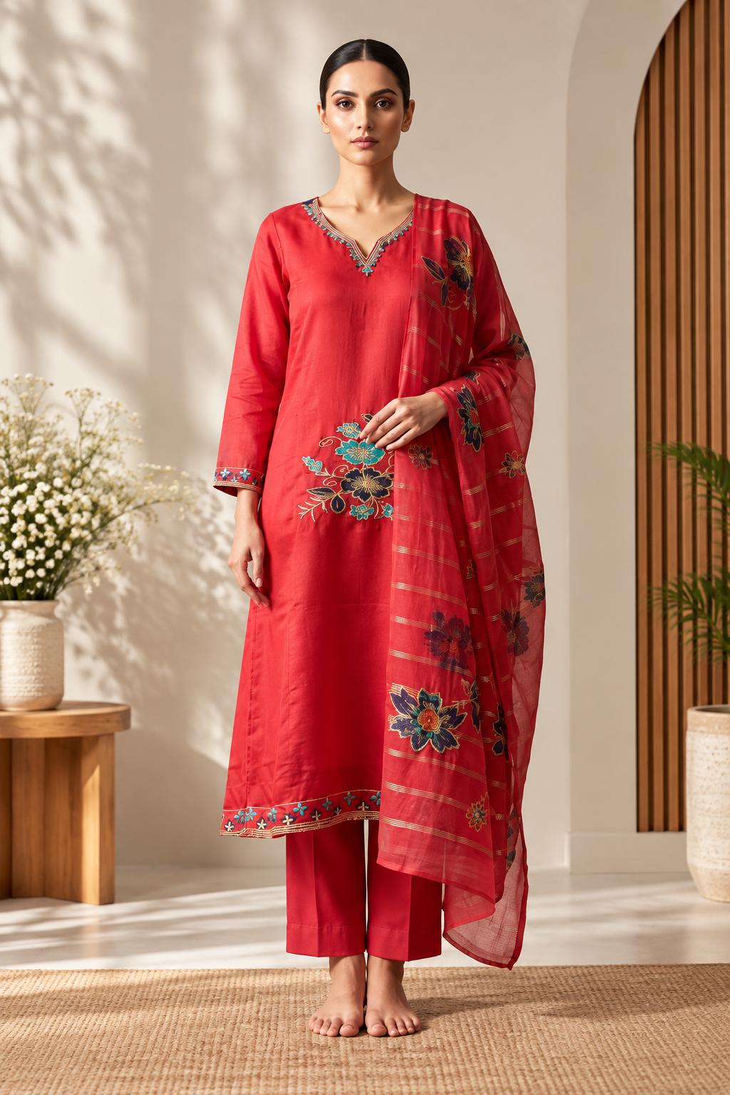 Red Floral Embroidered 3 Piece Kurta Pant & Dupatta Set