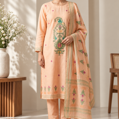 Peach Floral Embroidered 3 Piece Kurta Pant & Dupatta Set
