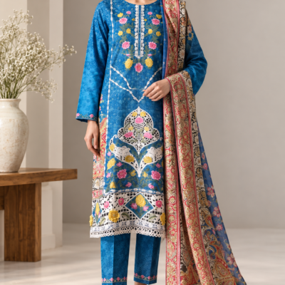 Blue Embroidered 3 Piece Suit with Printed Dupatta