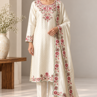 Cream Floral Embroidered 3 Piece Suit