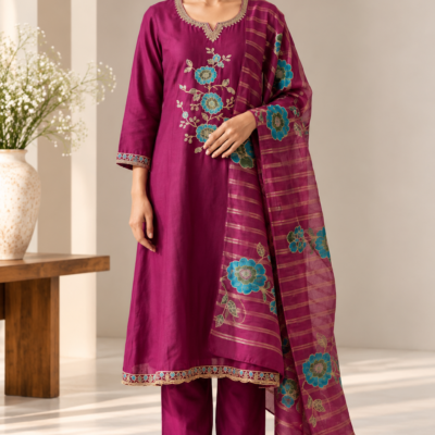 Magenta Floral Embroidered 3 Piece Suit