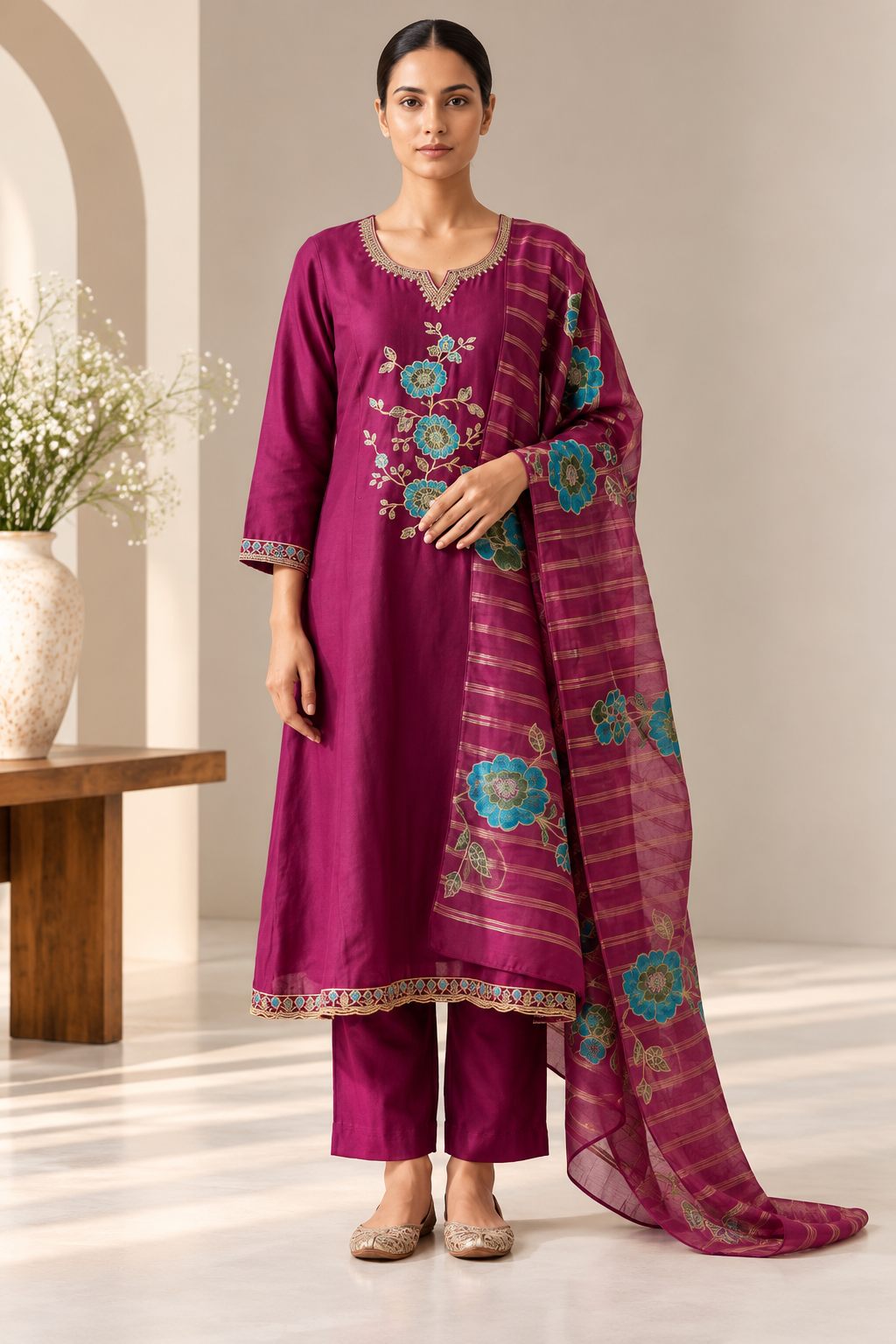 Magenta Floral Embroidered 3 Piece Suit