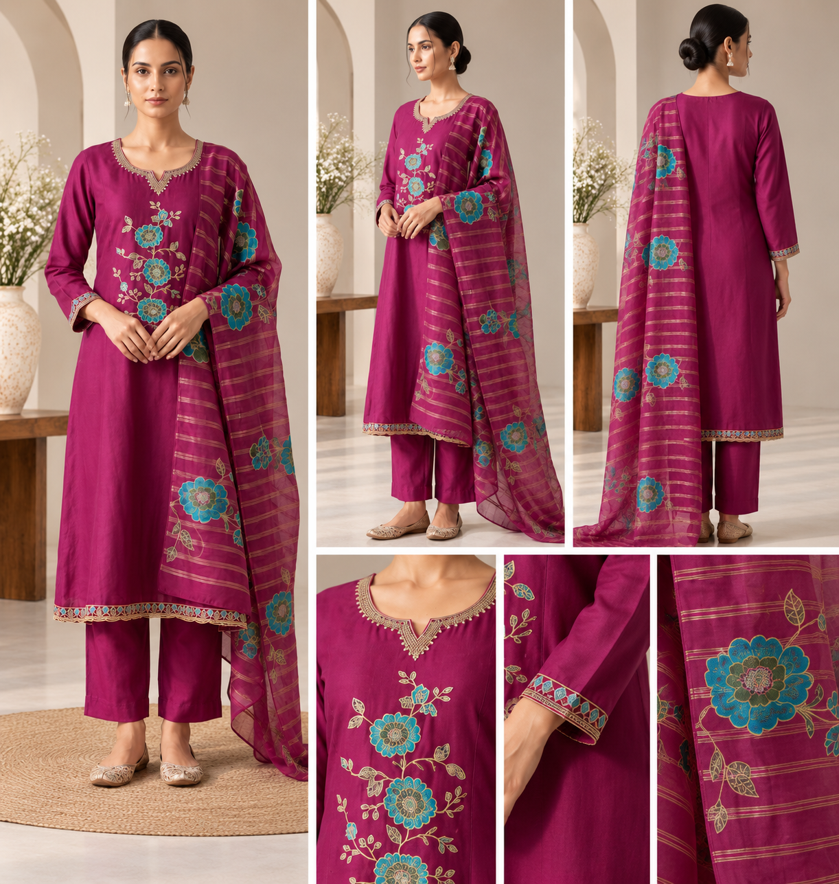 Magenta Floral Embroidered 3 Piece Suit - Image 2