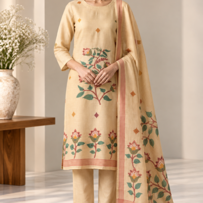 Beige Floral Printed 3 Piece Suit with Dupatta