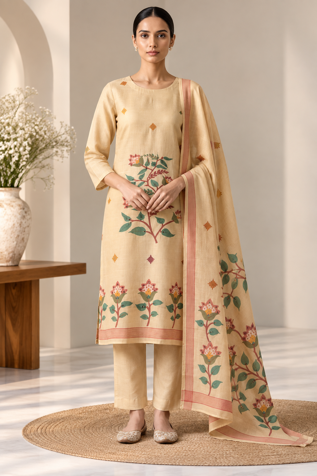 Beige Floral Printed 3 Piece Suit with Dupatta