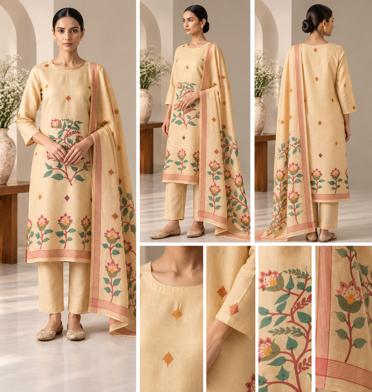 Beige Floral Printed 3 Piece Suit with Dupatta - Image 2