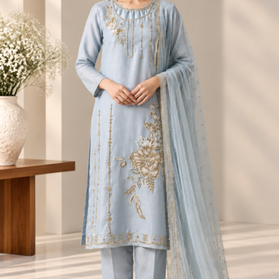 Sky Blue Floral Embroidered 3 Piece Suit with Dupatta