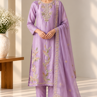 Lavender Floral Embroidered 3 Piece Suit with Dupatta
