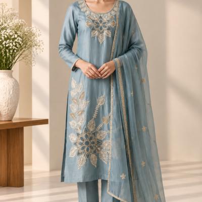Dusty Blue Floral Embroidered 3 Piece Suit with Dupatta