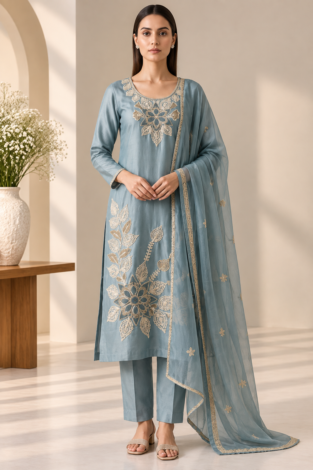 Dusty Blue Floral Embroidered 3 Piece Suit with Dupatta