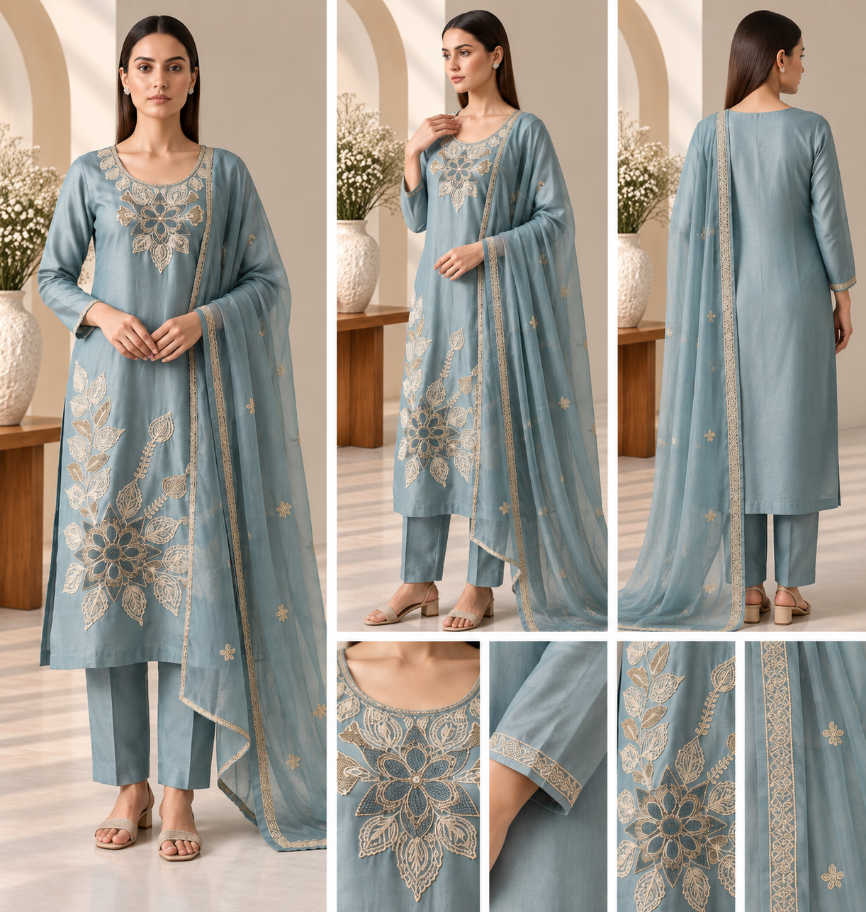 Dusty Blue Floral Embroidered 3 Piece Suit with Dupatta - Image 2
