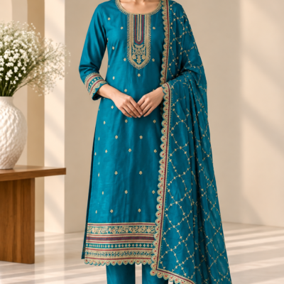 Teal Blue Embroidered 3 Piece Suit with Dupatta