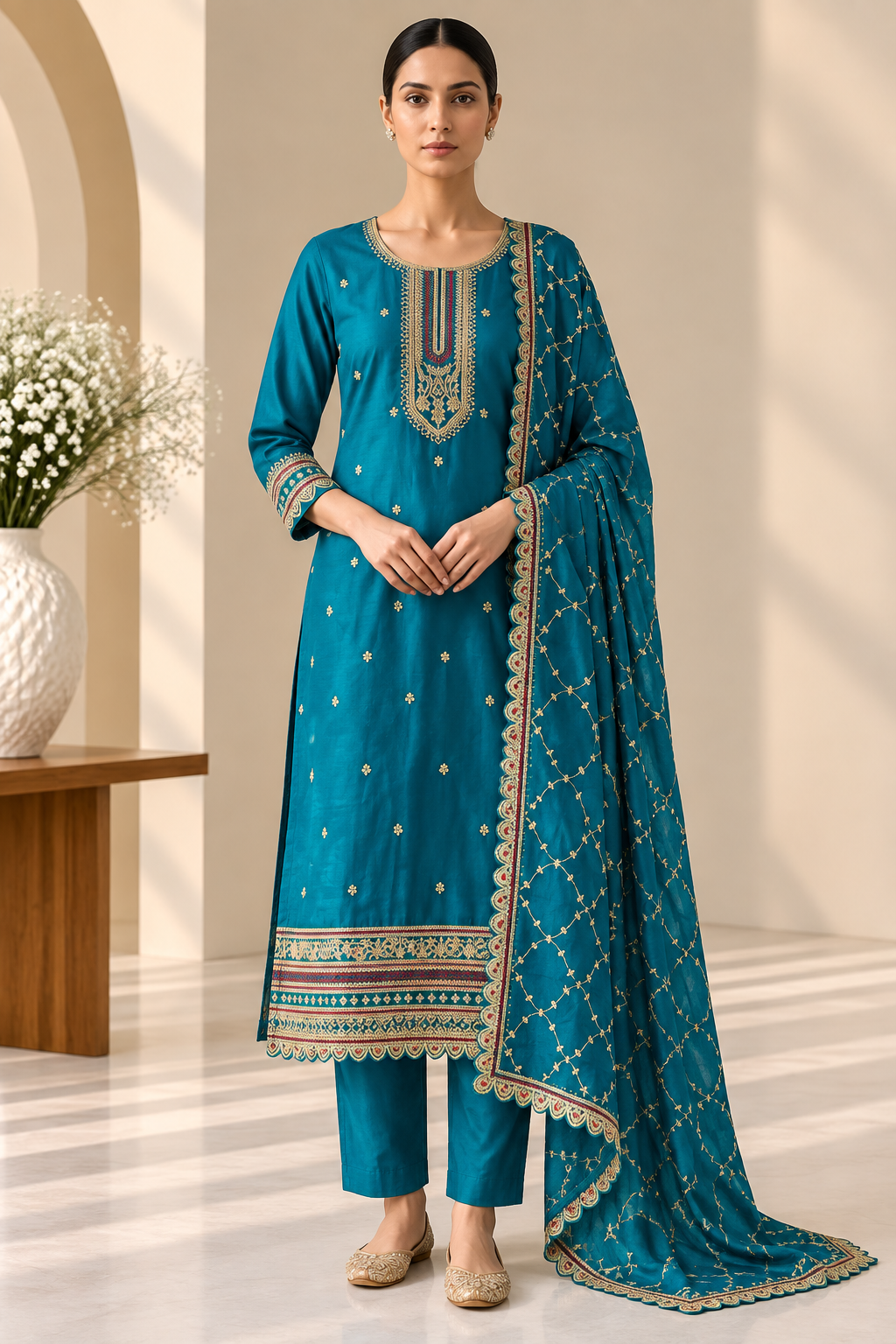 Teal Blue Embroidered 3 Piece Suit with Dupatta