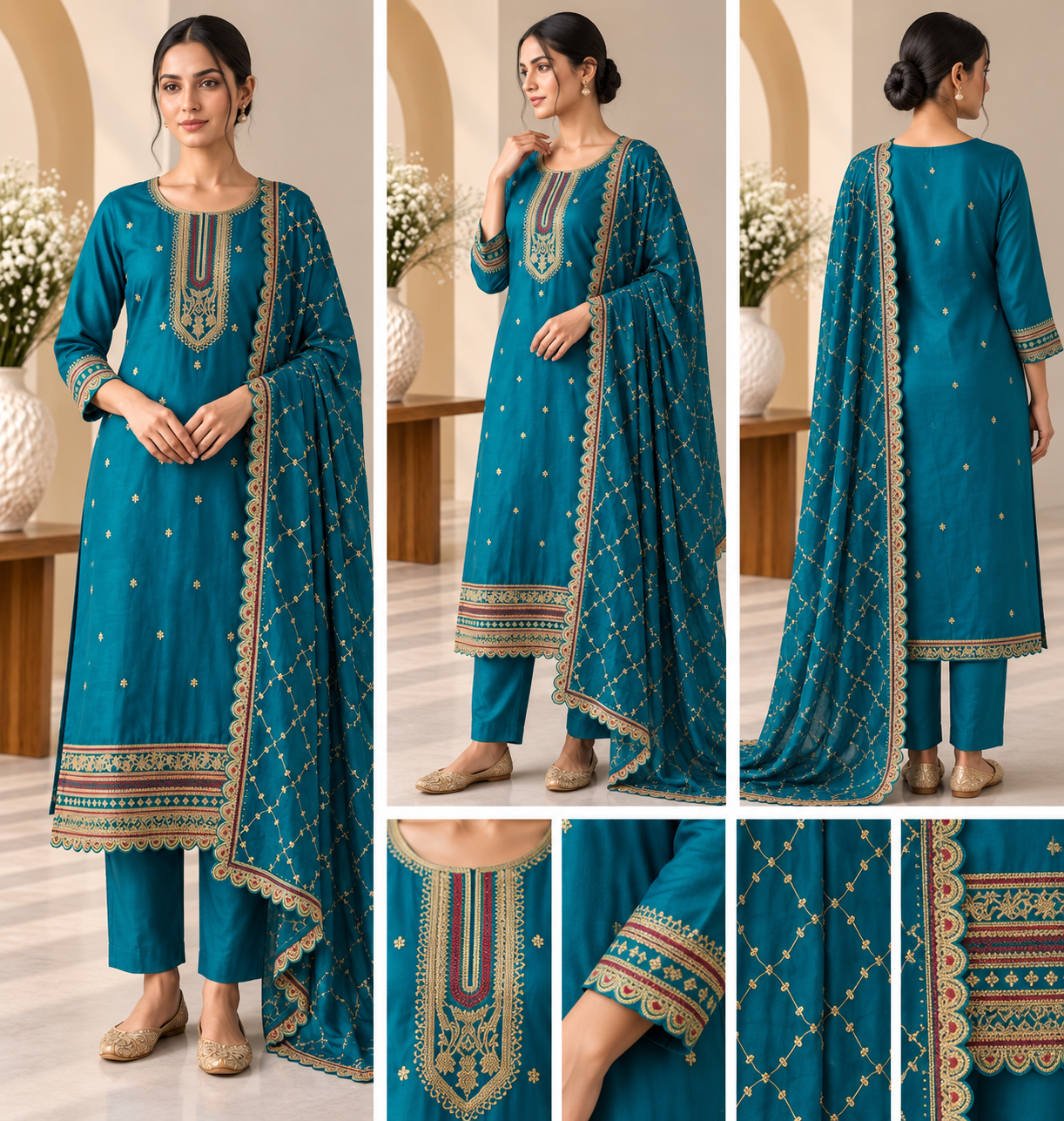 Teal Blue Embroidered 3 Piece Suit with Dupatta - Image 2