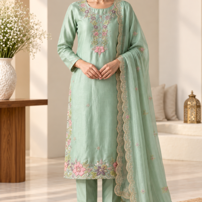Mint Green Floral Embroidered 3 Piece Suit with Dupatta