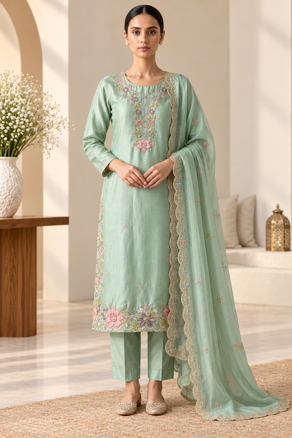 Mint Green Floral Embroidered 3 Piece Suit with Dupatta