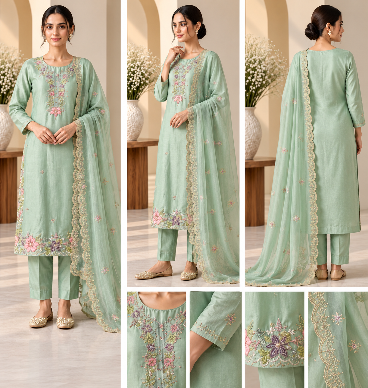 Mint Green Floral Embroidered 3 Piece Suit with Dupatta - Image 2