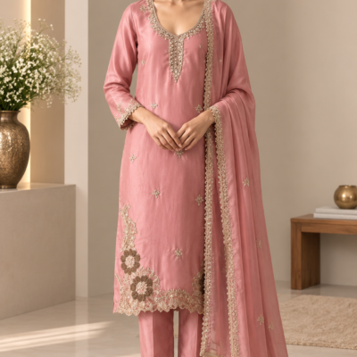 Dusty Rose Embroidered 3 Piece Suit with Dupatta