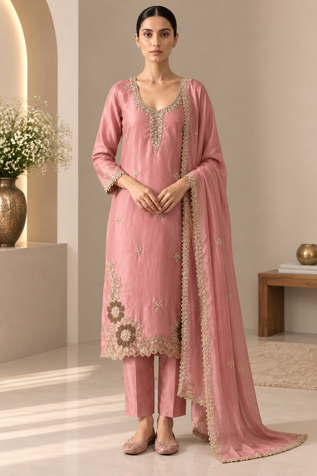 Dusty Rose Embroidered 3 Piece Suit with Dupatta