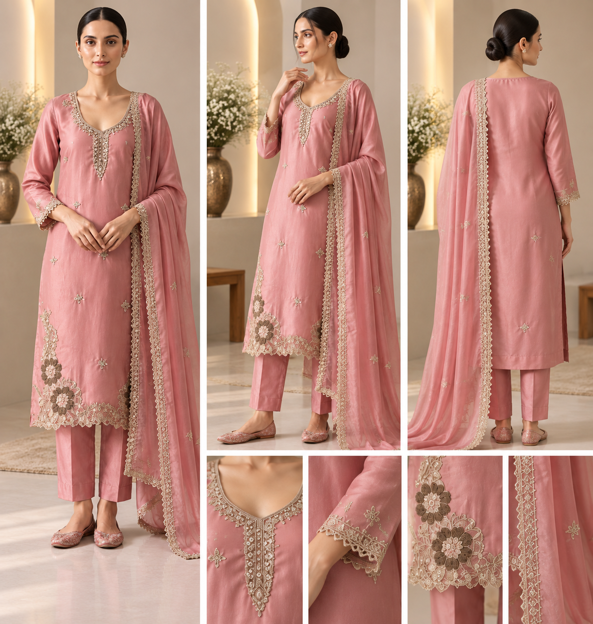 Dusty Rose Embroidered 3 Piece Suit with Dupatta - Image 2