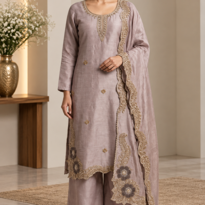 Mauve Embroidered 3 Piece Suit with Designer Dupatta