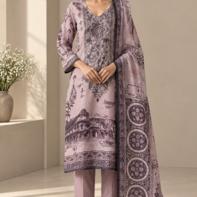 Elegant Printed Mauve 3 Piece Suit Set with Dupatta
