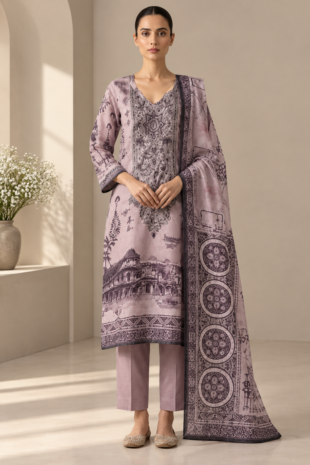 Elegant Printed Mauve 3 Piece Suit Set with Dupatta