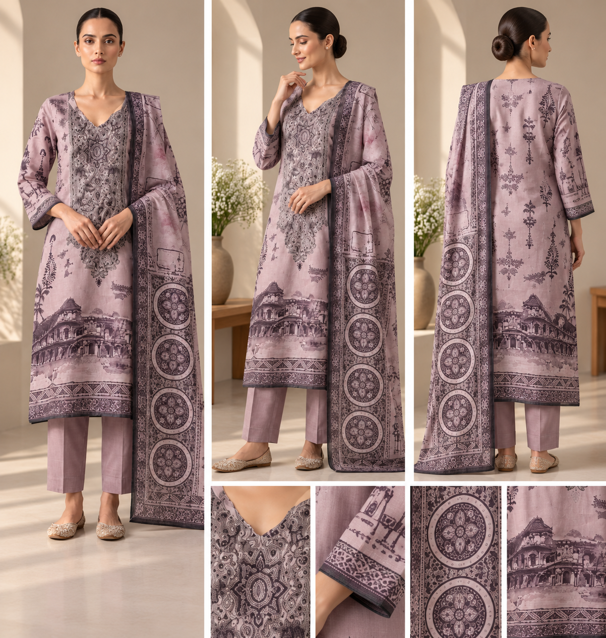 Elegant Printed Mauve 3 Piece Suit Set with Dupatta - Image 2