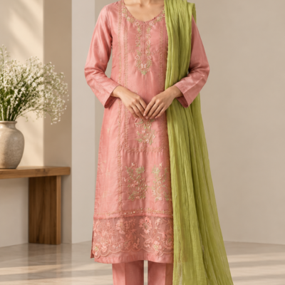 Dusty Pink Embroidered 3 Piece Suit Set with Green Dupatta