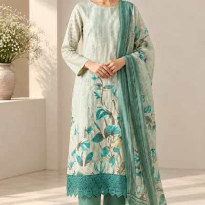 Mint Green Botanical Printed Kurta Pant & Dupatta Set