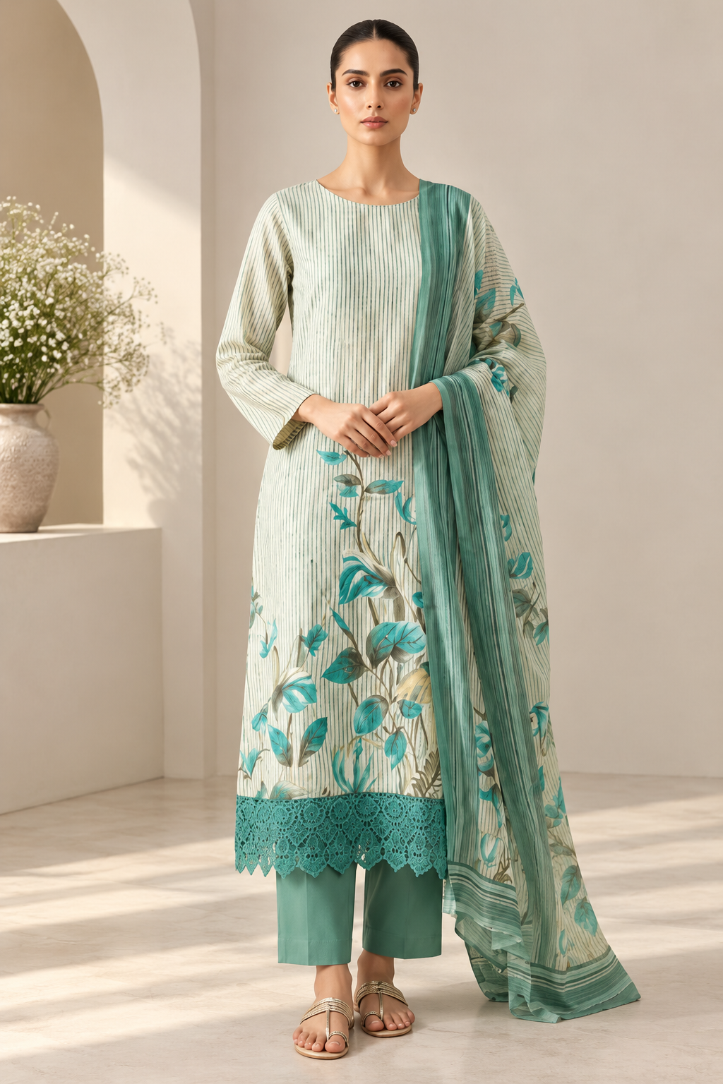 Mint Green Botanical Printed Kurta Pant & Dupatta Set