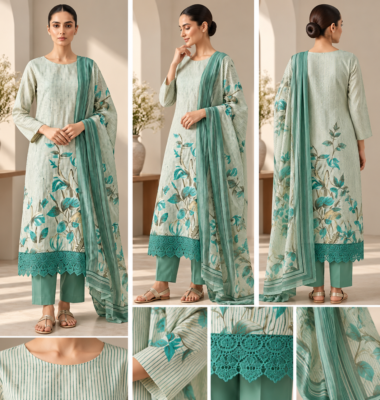 Mint Green Botanical Printed Kurta Pant & Dupatta Set - Image 2